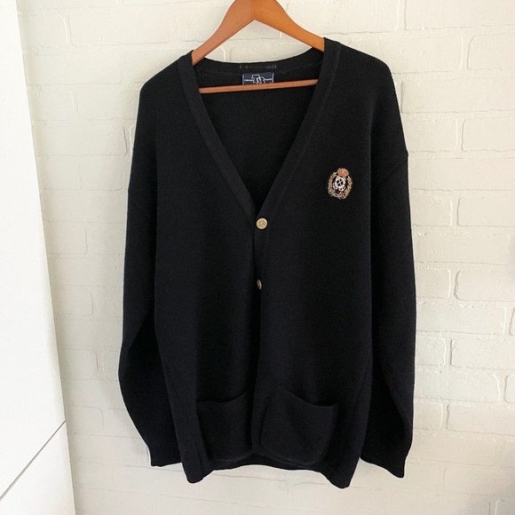 Vintage 70s men’s knit Cardigan Academia School prep Varsity Wool Navy blue L - Picture 3 of 16